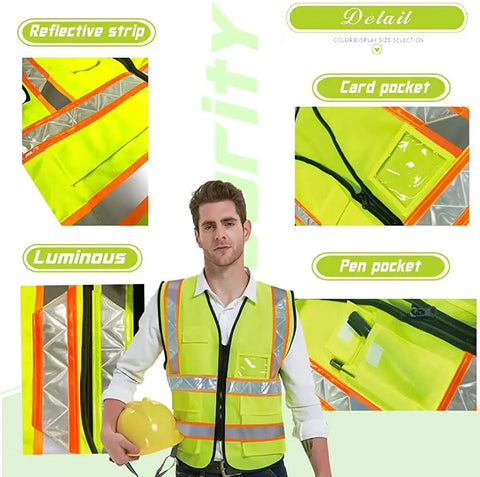 Fresh High Visibility Safety Vest With Custom Logo Design And Front Zipper Featuring Glow In The Dark Reflective Tape For Construction Job Sites And Road Crews, showing reflective strips and pockets.