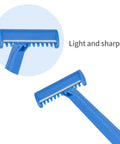Blue disposable razor with comb-like head and textured handle for AED training kit