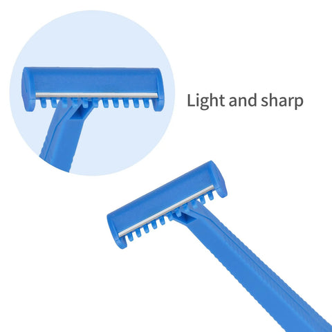 Blue disposable razor with comb-like head and textured handle for AED training kit