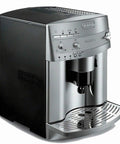Premium Super Automatic Espresso And Coffee Maker With Integrated Burr Grinder Bean To Cup Brewing Silver Model front view.