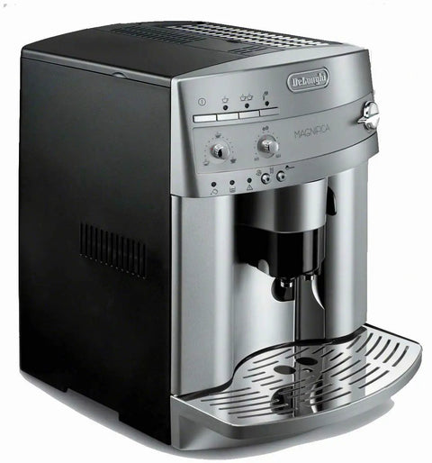 Premium Super Automatic Espresso And Coffee Maker With Integrated Burr Grinder Bean To Cup Brewing Silver Model front view.