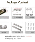 Heavy Duty Sliding Barn Door Hardware Kit With Silent Nylon Pulleys And Bottom Guide Total Package components including rail, wheels, door stops and screws.