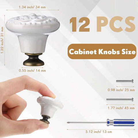 White Ceramic Cabinet Knobs Set With 12 Dope Retro Round Dresser Pulls shown with screws and screwdriver