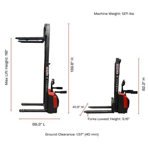 Amazon pallet stacker, 3300 lb cap, 118 in lift, front/side views, walk-behind with fixed straddle legs, red/black