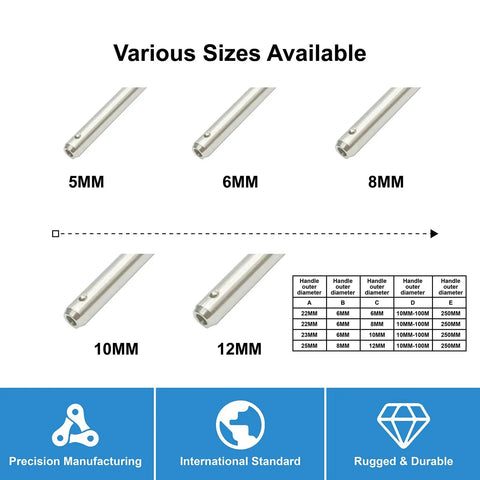 Heavy Duty 304 Stainless Steel Quick Release Ball Lock Pin sizes 5mm to 12mm with chart and features on durability and precision