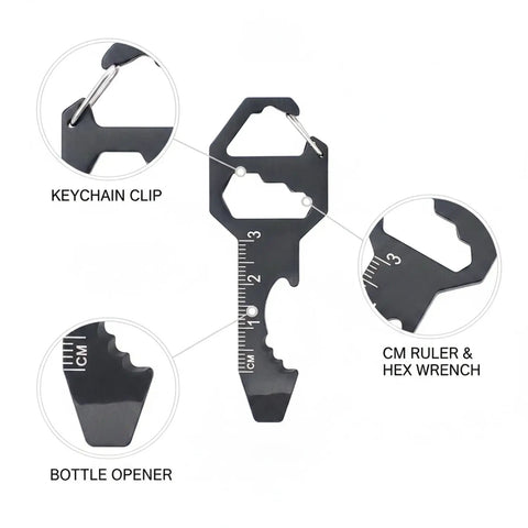 Detailed view of Metal Multi Tool Card showing keychain clip, bottle opener, and hex wrench with CM ruler.