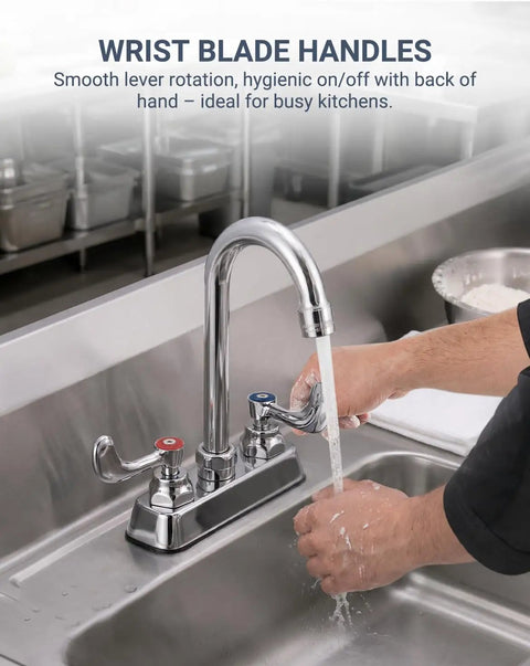 Phivan 4" Deck Mount Brass Kitchen Sink Faucet, 3-1/2" Gooseneck Spout with wrist blade handles in a busy kitchen.