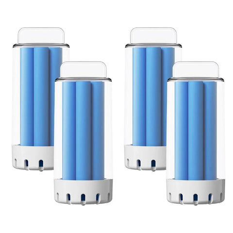 Four blue roll filters for cleaning devices on a white background