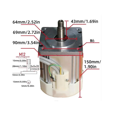 Beefed Up Brushless Servo Motor Kit Adjustable 550W 750W 1100W 2200W for Sewing Machines and Lathes with dimensions shown