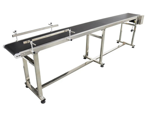 Industrial Drive Conveyor Belt With Adjustable Speed, Flat Black PVC Belt 15.7 By 118 Inches, Stainless Steel Frame, side view