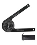 Professional Grade Aluminum Miter Saw Protractor With Dead On Laser Etched Markings For Crown Molding Trim Work Precision Carpenter Layout Gauge and Angle Finder Tool with black finish and carrying pouch.
