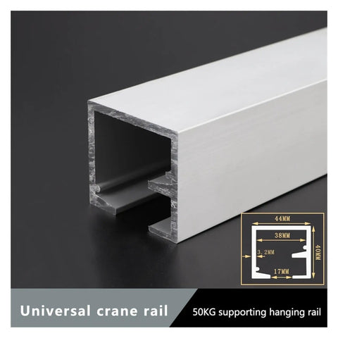 Universal crane rail, 50KG supporting hanging rail, aluminum construction, view of cross-section for installation.