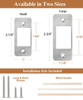 Deadbolt Strike Plate Restorer That Fixes Door Latch Misalignment and Sticking, Large Hole and Narrow Edge Frame for Easy, No More Jam, Aging Door Solution, Quick Fit, Silver in two sizes with screws and dowels.
