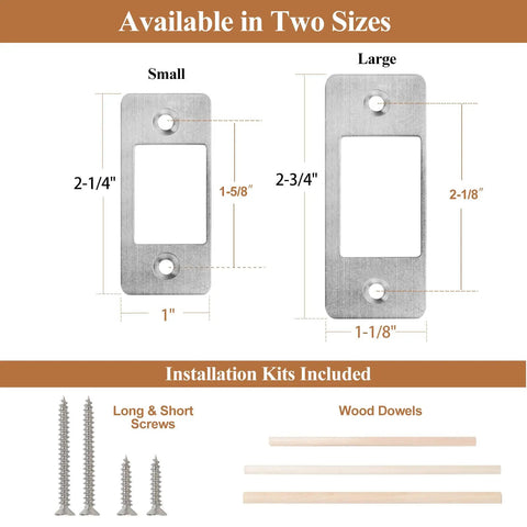 Deadbolt Strike Plate Restorer That Fixes Door Latch Misalignment and Sticking, Large Hole and Narrow Edge Frame for Easy, No More Jam, Aging Door Solution, Quick Fit, Silver in two sizes with screws and dowels.