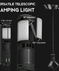 Telescoping Camping Light With Stand, Powerhouse 12000mAh Rechargeable Lantern showing adjustable angles and dimensions.
