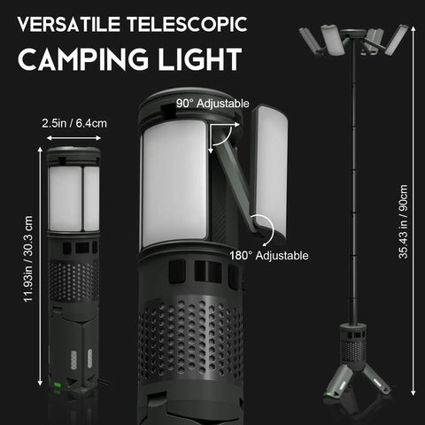 Telescoping Camping Light With Stand, Powerhouse 12000mAh Rechargeable Lantern showing adjustable angles and dimensions.