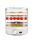 Heavy Duty Electric Food Dehydrator With Five Clear Trays And Adjustable Heat Zones For Zero Fuss Drying Of Fruit Meat Jerky And Custom Pet Treats Perfect For Family Dinners And Weekend Meal Prep displaying tomatoes, grapes, and fruit leathers.