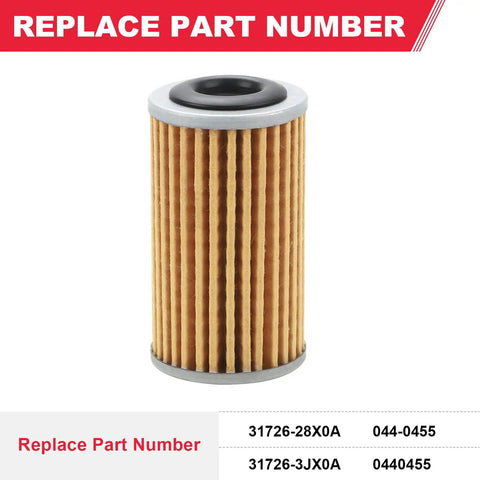 Transmission Oil Filter for Nissan, replacement 31726 28X0A 31726 3JX0A, front view with replace part number info