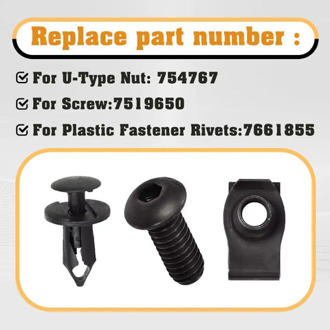 Heavy Duty U Type Nut And Screw Kit For UTV ATV And Snowmobile Featuring Rock Solid Nylon Rivets part numbers for U-type nut, screw, and plastic fastener rivets.