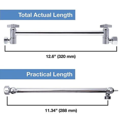 Adjustable Brass Shower Arm Extension With Chrome Finish For Standard Showers 11 Inch showcasing actual and practical lengths