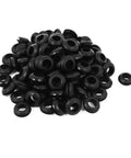 Hella Tough Rubber Grommets And Wire Cord Hole Inserts Featuring Double Groove Design For Professional Grade Panel Mount Cable Protection Black 12mm Inner Diameter 100 Count piled on white surface.