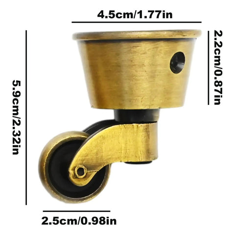 Side view of a Vintage Zinc Alloy Swivel Caster 2 Pack, 1-3/4 Inch OD, Antique Brass Bronze Finish, with dimensions
