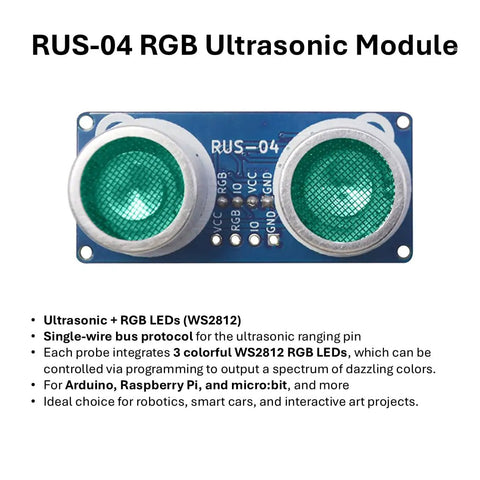 Ultrasonic Sensor Module With WS2812 RGB Lighting For Arduino Raspberry Pi And Micro:bit, 6 RGB LEDs for visual feedback