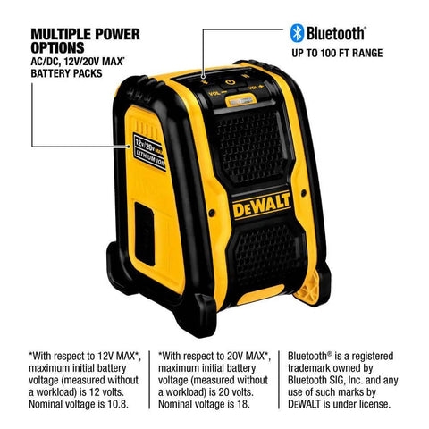 Loaded Compact Six Tool Cordless Power Kit Equipped With Two Speed Drill Driver And Fast Swap Chuck Plus Effortless Reciprocating Saw For Knocking Out Toughest Job Site Builds, showcasing a DEWALT portable speaker with Bluetooth capabilities.