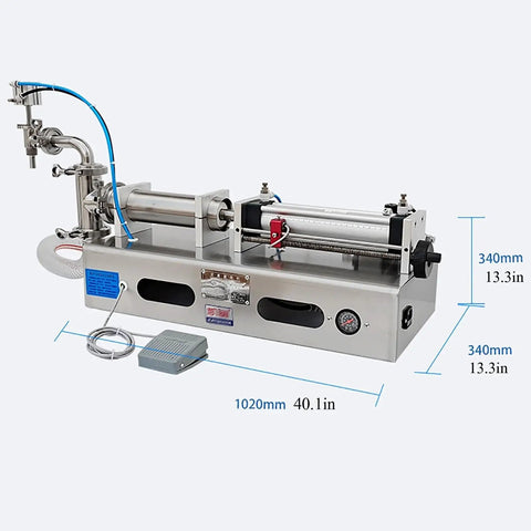 Heavy Duty Horizontal Pneumatic Liquid Filling Machine Automatic Single Head Bottle Filler Stainless Steel Build, 1020mm long.