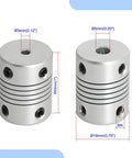 Flexible Beam Coupling 3mm To 5mm Shaft Size 25mm Length 1 Inch With 19mm Outer Diameter, Front and Side View, M4 Screws, 4 Pack