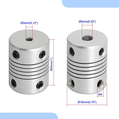 Flexible Beam Coupling 3mm To 5mm Shaft Size 25mm Length 1 Inch With 19mm Outer Diameter, Front and Side View, M4 Screws, 4 Pack