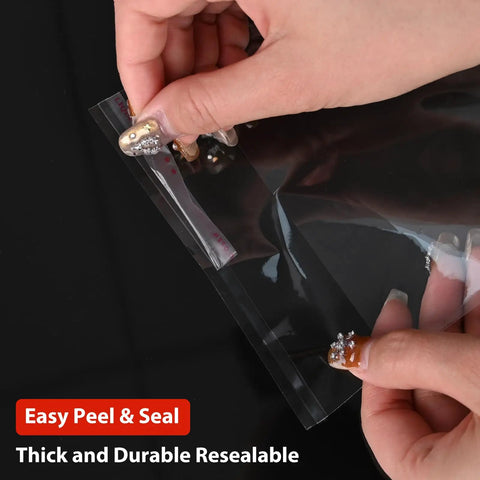 Hands peeling self sealing cellophane bags for 8.5x11 photo mats, clear reclosable sleeves, 100 pack, reusable and protective