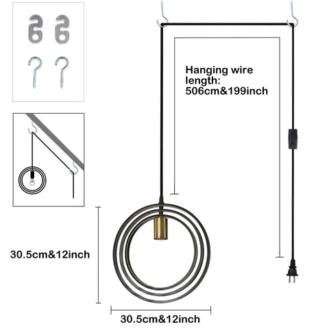 Diagram of plug in industrial pendant light with rotatable cage, 506cm wire, black metal frame, E26 base, in black and gold.