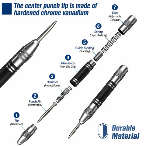 Exploded view of Automatic Center Punch With 2 Extra Tips, 5 Inch Heavy Duty Steel Spring Loaded Tool, Adjustable Tension For Metal, Wood, And Glass