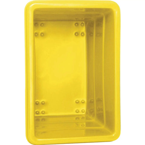 Top view of yellow Beefy 8 Bushel Plastic Bulk Box Cart With Steel Chassis Base 800 Lb Capacity non marring 3 inch casters