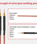 Diagram showing lengths of wires and spot welding pen for 8000W Spot Welder Handheld Portable Welding Machine DIY Kit with Nickel Strip.