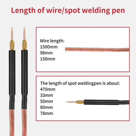 Diagram showing lengths of wires and spot welding pen for 8000W Spot Welder Handheld Portable Welding Machine DIY Kit with Nickel Strip.