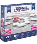 Expandable Lazy Susan Turntable For Rectangular Dining Tables Smooth Serving Tray packaging view with white serving dishes.