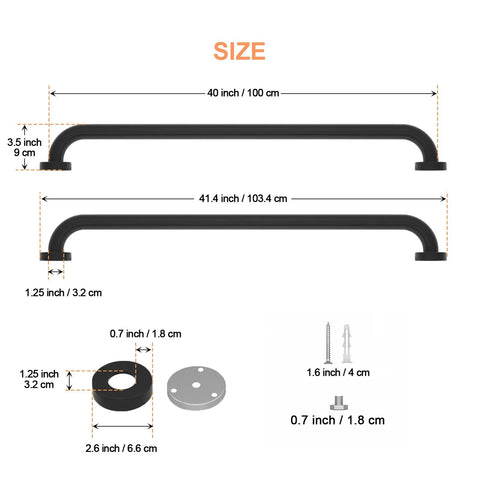 Image showing dimensions of Two Pack Matte Black Shower Grab Bar Set, 40 Inch Stainless Steel Bathroom Hand Rail with accessories.