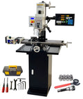 Built Tough Benchtop Mill Drill Press With Dead On Accurate 3 Axis DRO And Smooth X Axis Power Feed on a sturdy black table with tools.