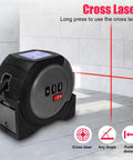 No Sweat Laser Tape Measure With Dual Cross Line Generator And Crisp Backlit Screen Featuring Linear Volume Plus Pythagorean Modes For Quick Construction And Remodeling showing backlit screen and cross laser feature.