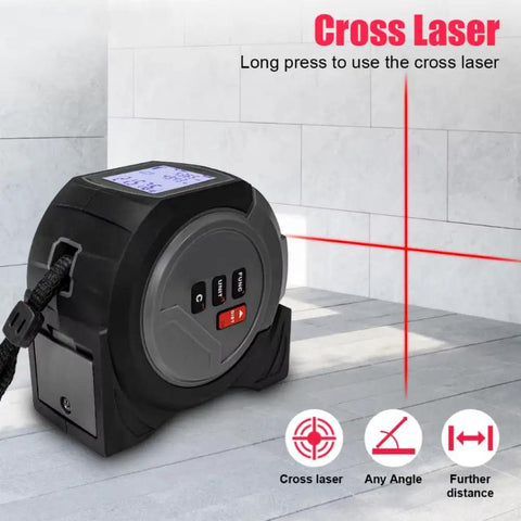 3‑in‑1 Laser Tape Measure Handheld Distance Meter for Construction Remodeling showing cross laser feature on a work surface.