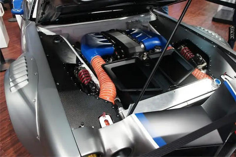 Car engine bay with SCAT Flex Duct Silicone Impregnated Fiberglass With Steel Wire Reinforcement For Intake, Cooling And HVAC Routing