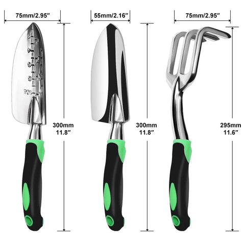 Three Piece Aluminum Garden Tool Set with Heavy Duty Trowel, Transplant Trowel, Cultivator Hand Rake with Ergonomic Handles