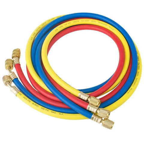 Pro Grade Refrigerant Charging Hoses With Diagnostic Manifold Gauge Set For R410A R22 R404 Refrigerants, Sixty Inch Color Coded Hoses In Red Yellow Blue With Two Quick Couplers, Durable High Pressure Easy To Use HVAC Tool Kit, coiled hoses
