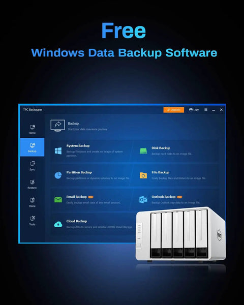 Beast Class Five Bay Diskless External Storage Enclosure With Real Hardware Raid Controls, shown with data backup software interface.