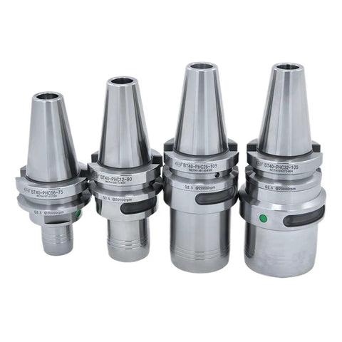 Top Pick PHC20 Hydraulic Collet Chuck For CNC Lathe Tools Fits HSK63A BT30 BT40 Systems, showing four chucks for precise machining.