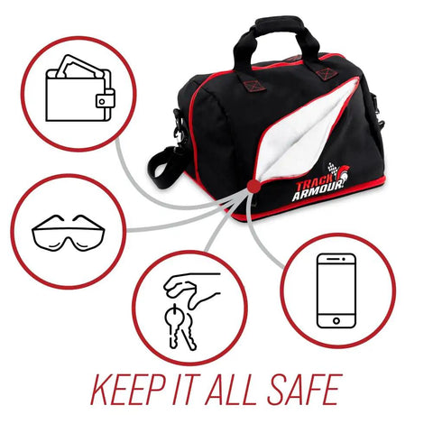 Fleece Lined Motorcycle And Racing Helmet Bag With Hidden Shoe Compartment Waterproof 600D Oxford Gear Carrier, icons showing storage usage.