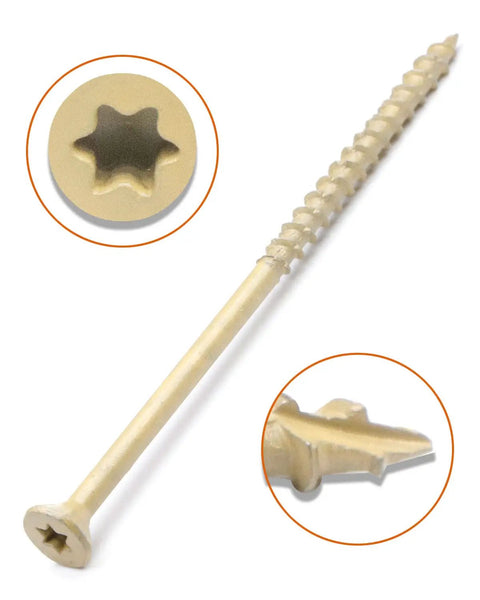 Heavy Duty Deck Screws And Exterior Wood Fasteners For Pressure Treated Lumber Boasting Badass Tan Coating Resistance And Star Drive Tip self-tapping 10x4 inch carbon steel screw