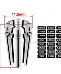 Premium ER11 Collet Chuck Set With Precision 0.003 Accuracy for 0.5 to 8mm sizes with size markings and dimensions.